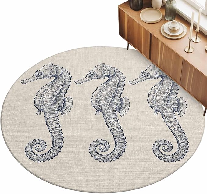 Washable Round Area Rug Marine Life Seahorse on Burlap Circle Rugs Floor Carpet for Living Room Bedroom, Farmhouse Ocean Theme Soft Non Slip Round Rug 3ft