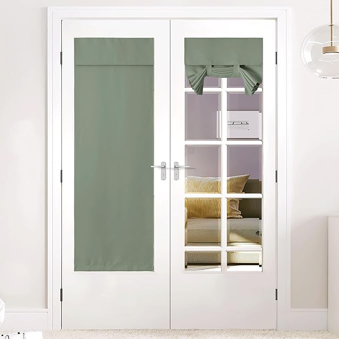 NICETOWN Room Darkening French Door Curtains, Blackout Privacy Shade for Balcony Glass, Thermal Insulated Tie Up Blinds for Sightseeing Chriastmas, W26 x L72 inch, 1 Panel, Greyish Green