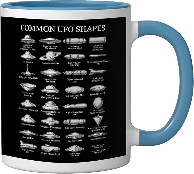 Common UFO Shapes Vintage Chart Alien Flying Saucer Ceramic Mug, Blue/White