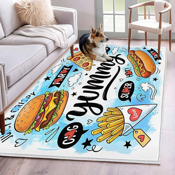 Area Rug 4x6ft, Cartoon Food Abstract Graffiti Washable Rugs for Living Room Bedroom, Blue Sky with Clouds Soft Non-Slip Area Rugs Rectangle Floor Carpet for Dining Room