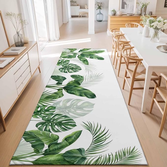 Runner Rug for Bedroom Hallway, Watercolor Green Tropical Leaves Kitchen Runner Rugs Area Rug 2x6ft, Botanical Palm Leaf Plants Washable Soft Floor Carpet for Entryway Stair
