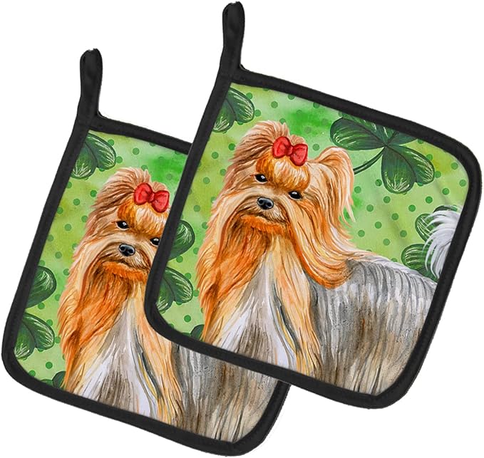 Caroline's Treasures BB9859PTHD Yorkshire Terrier St Patrick's Pair of Pot Holders, Green Kitchen Heat Resistant Pot Holders Sets Oven Hot Pads for Cooking Baking BBQ, 7 1/2 x 7 1/2