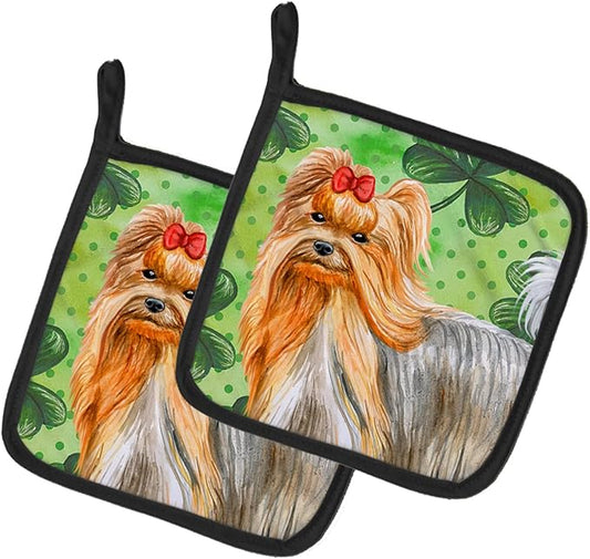 Caroline's Treasures BB9859PTHD Yorkshire Terrier St Patrick's Pair of Pot Holders, Green Kitchen Heat Resistant Pot Holders Sets Oven Hot Pads for Cooking Baking BBQ, 7 1/2 x 7 1/2