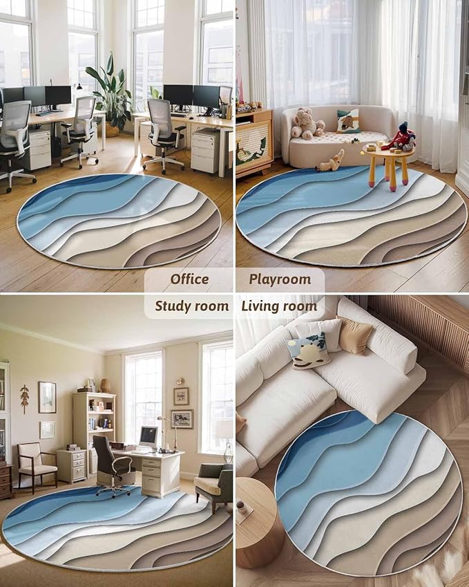 Round Area Rug,Blue Gradient Abstract Geometric Circle Living Room Rug Non-Slip Rugs Indoor Carpet,Water Ripple Stripe Modern Art Soft Comfort Rugs for Bedroom KidsRoom Nursery