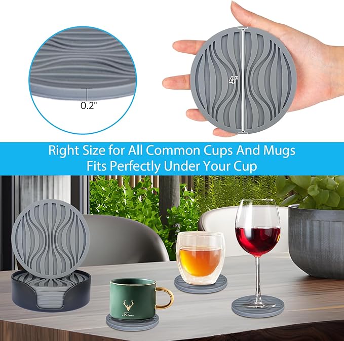 6 Pack Rubber Drink Coasters,Coasters for Drink with Holder,Silicone Cup Mat Non-Stick,Non-Slip,Thickened Live for Hot or Cold Drink-Pure Gray