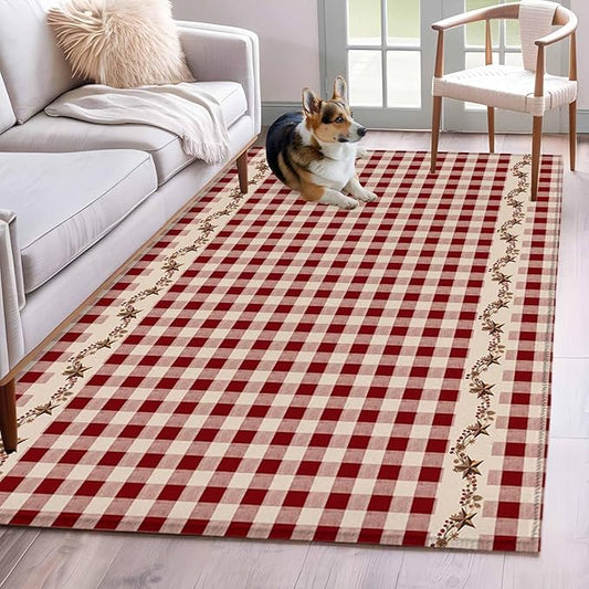 Area Rug 4x6ft, Vintage Red Buffalo Plaid Berry Washable Rugs for Living Room Bedroom, Farmhouse Western Star Soft Non-Slip Area Rugs Rectangle Floor Carpet for Dining Room
