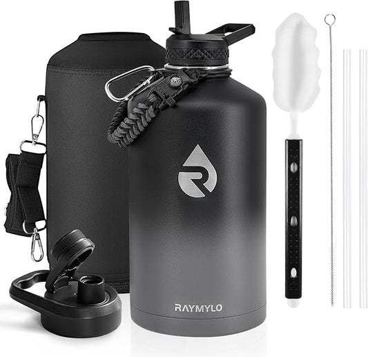 RAYMYLO One Gallon Water Bottle Insulated, Triple Walled Vacuum Stainless Steel (Cold for 48 Hrs), Leak Proof & Non-BPA, Large Water Flask Jug with Paracord Handle & Straw Spout Lids