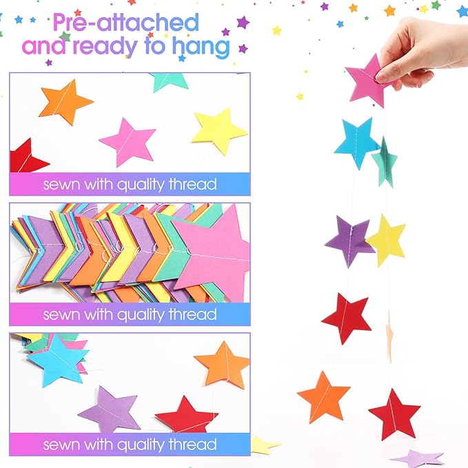 Patelai 130 Feet Glitter Star Garland Banner 2026 Party Decoration Double Side Star Hanging String Streamer Paper Twinkle for Graduation Wedding Birthday (Rainbow)
