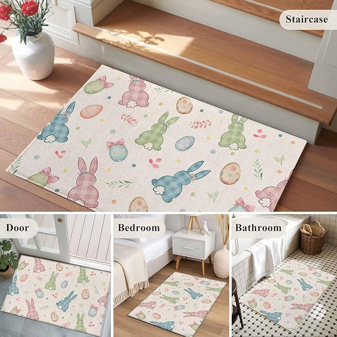 Area Rug 2x3ft, Happy Easter Cute Plaid Bunny Washable Rugs for Living Room Bedroom, Colorful Egg Leaves Farm Linen Soft Non-Slip Area Rugs Rectangle Floor Carpet for Dining Room