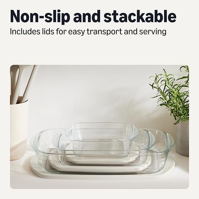 Amazon Basics Glass Baking Dishes with BPA-Free Lids, 6-Piece Bakeware Set, Borosilicate Glass, Oven-Safe up to 752°F, Non-Slip and Stackable, Dishwasher-Safe, Linen Gray
