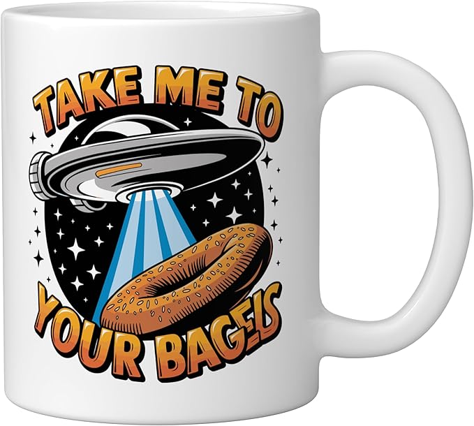 Take Me to Your Bagels UFO Abduction Jewish Funny Bagel Ceramic Mug, White