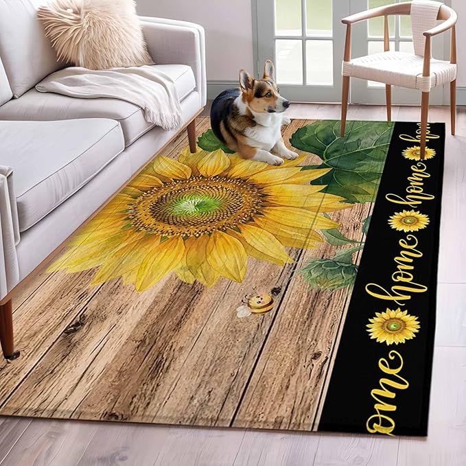 Area Rug 4x6ft, Summer Sunflowers Bees Washable Rugs for Living Room Bedroom, Farmhouse Wood Background Soft Non-Slip Area Rugs Rectangle Floor Carpet for Dining Room
