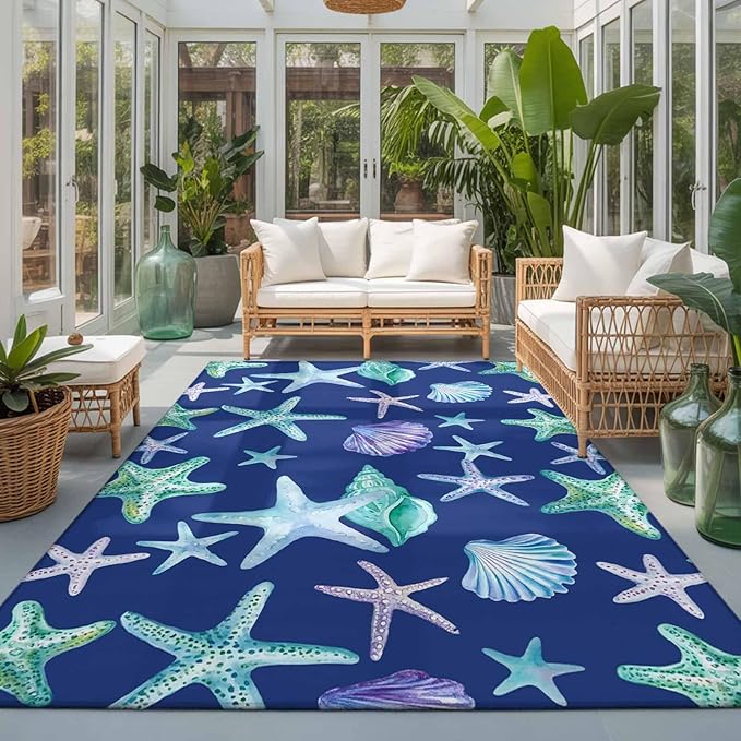 Area Rug 3x5ft, Summer Starfish Shell Conch Washable Rugs for Living Room Bedroom, Marine Creature on Blue Soft Non-Slip Area Rugs Rectangle Floor Carpet for Dining Room
