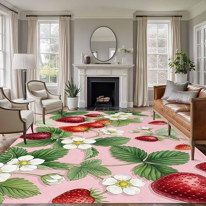 Area Rug 9x12ft, Summer Strawberry Bush on Pink Washable Rugs for Living Room Bedroom Rectangle Floor Carpet, Forest Green Foliage Soft Non-Slip Area Rugs for Dining Room