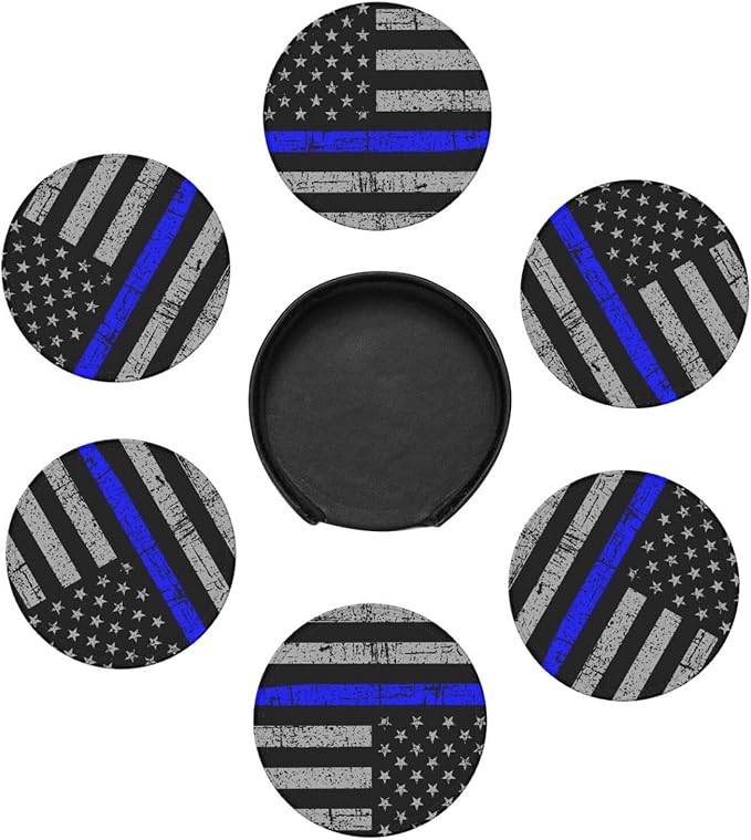 Thin Blue Line Leather Drinks Coasters with Holder, Set of 6, Suitable for Various Cups