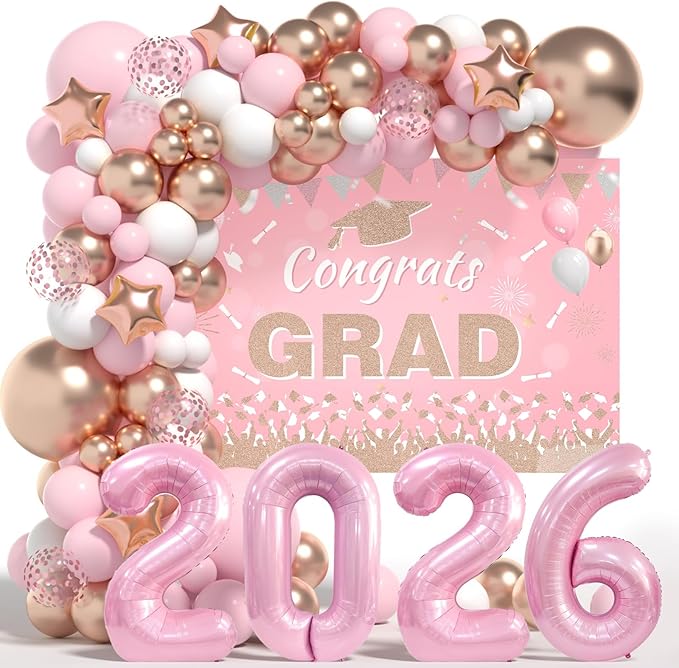 Graduation Decorations Class of 2026: Pink and Gold Graduation Balloons Arch Kit 2026 Grad Party Decorartion with Congrats Grad Backdrop Party Supplies for High School & College Celebrations