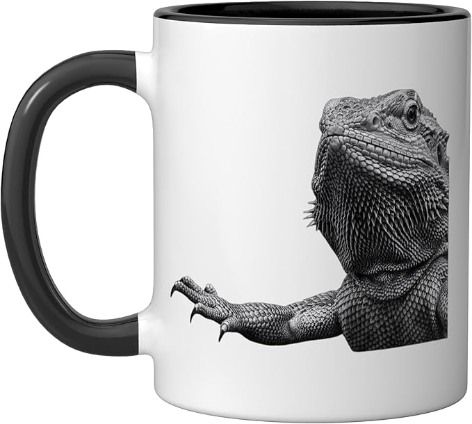 Bearded Dragon Alien Saucer Sci Fi Reptile Kids Ceramic Mug, Black/White