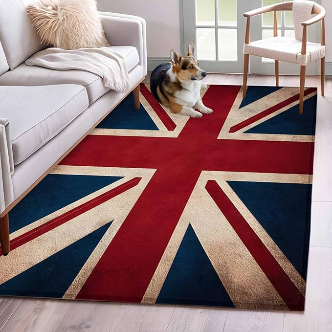 Area Rug 3x5ft, Vintage Union Jack Flag Washable Rugs for Living Room Bedroom, Reerto Flags of The United Kingdom Soft Non-Slip Area Rugs Rectangle Floor Carpet for Dining Room