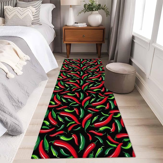 Runner Rug for Bedroom Hallway, Spicy Chili Pepper Pattern Kitchen Runner Rugs Area Rug 2x6ft, Red Green Peppers on Black Washable Soft Floor Carpet for Entryway Stair