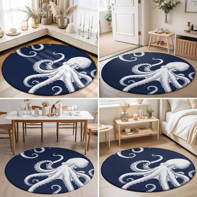 Washable Round Area Rug Underwater Ocean Giant Octopus Circle Rugs Floor Carpet for Living Room Bedroom, Navy Blue White Marine Life Soft Non Slip Round Rug 3ft