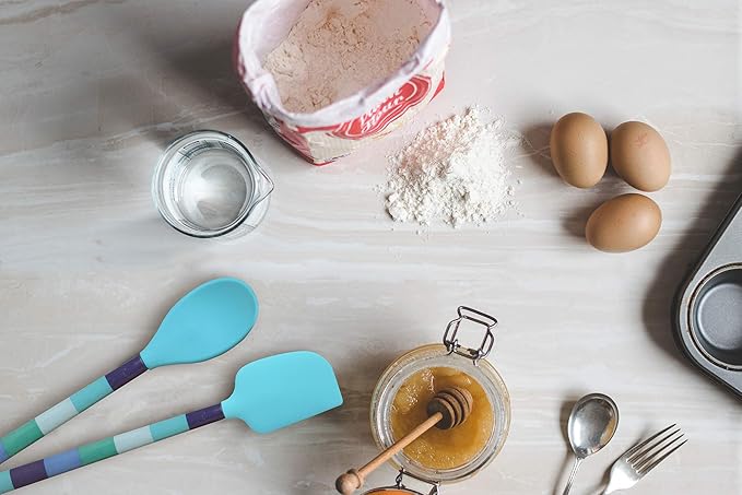French Bull Easy Grip Melamine Handle Silicone Non-stick Heat Resistant BPA-free Chef Kitchen Utensils for Cooking, Mixing, Baking - Blue, Set of 3
