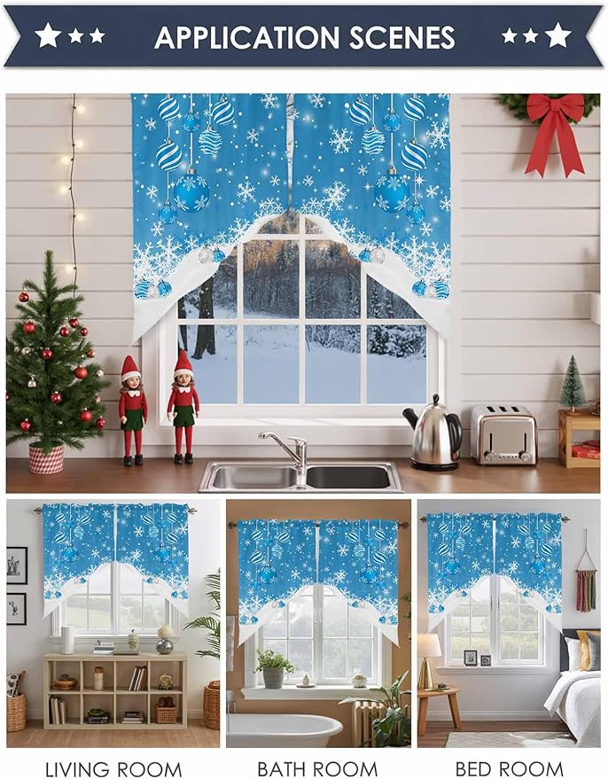 Prime Leader Blue Christmas Balls Swag Valance Curains Xmas Snowflake Christmas Rod Pocket Kitchen Curtains Scalloped Window Treatment Valances Swag for Living Room Bedroom, 1 Pair, 36" W x 45" L
