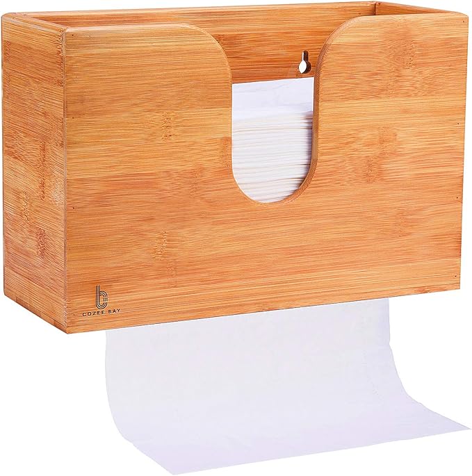 Cozee Bay Bamboo Paper Towel Dispenser, Paper Towel Holder for Kitchen Bathroom Toilet of Home and Commercial, Wall Mount or Countertop for Multifold, C Fold, Z fold, Trifold Hand Towels