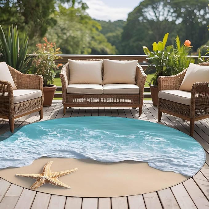 Washable Round Area Rug Beach Starfish Teal Sea Water Circle Rugs Floor Carpet for Living Room Bedroom, Summer Ocean Theme Soft Non Slip Round Rug 5ft