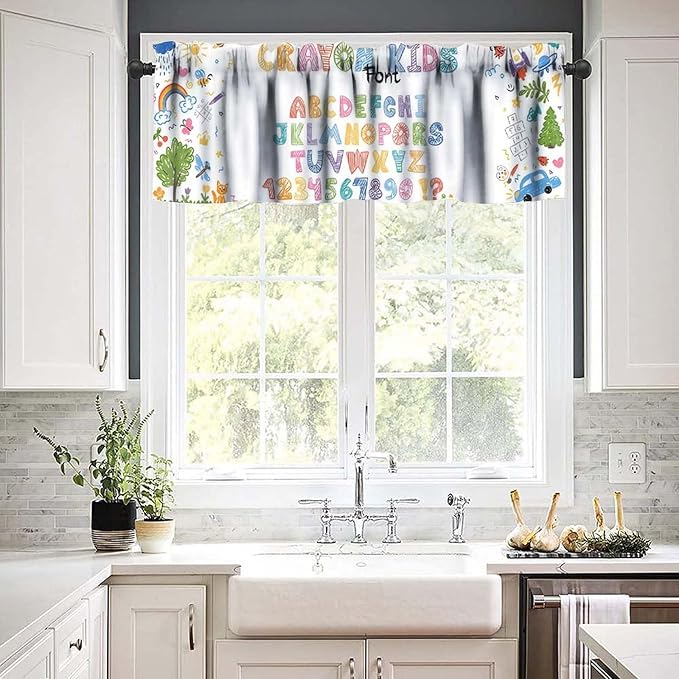 Kids Alphabet Valance Curtain, Colorful Cartoon Funny Educational Tool Window Drapes for Kitchen Dining Nursery Bedroom Classroom Decor, 54x18Inch