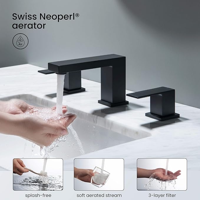 KIBI 2-Handle Cube Bathroom Sink Faucet with Drain Assembly | 3-Hole Installation, Solid Brass Construction | 8-Inch Wide Spread Lavatory Faucet | Matte Black, KBF1024