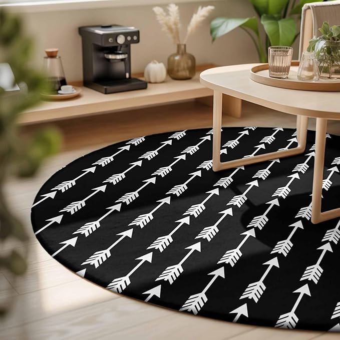 Washable Round Area Rug Tribal Style Arrows Pattern Circle Rugs Floor Carpet for Living Room Bedroom, Black Background Soft Non Slip Round Rug 3ft