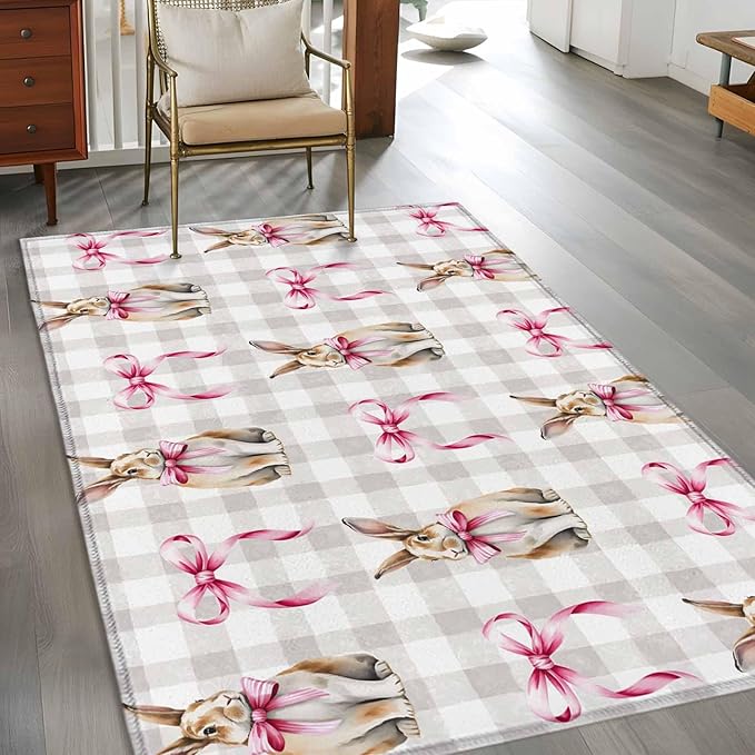 Area Rug 3x5ft, Easter Rabbit Pink Bow Washable Rugs for Living Room Bedroom, Seamless Bunny Gray Buffalo Plaid Soft Non-Slip Area Rugs Rectangle Floor Carpet for Dining Room