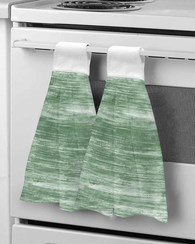 Alandar Home Kitchen Tie Towel Set of 2, Retro Sage Green Texture Absorbent Soft Hand Towels for Bathroom Hanging Towels, Modern Abstract Art Fast Drying Cleaning Cloth with Loop