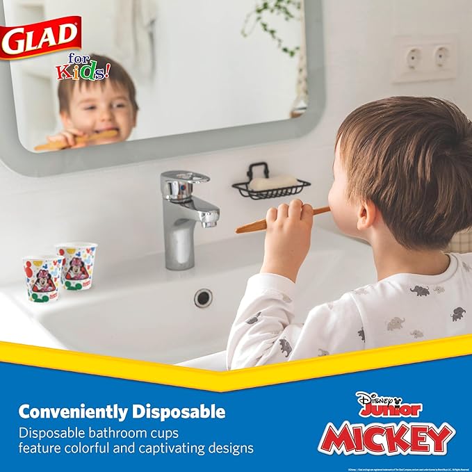 Glad for Kids Disney Mickey and Friends Disposable Mini Paper Cups, Mickey Mouse - Colorful Soak-Proof Bathroom Rinse Cups, Small Size Ideal for Little Hands, 3 oz, 100 Count
