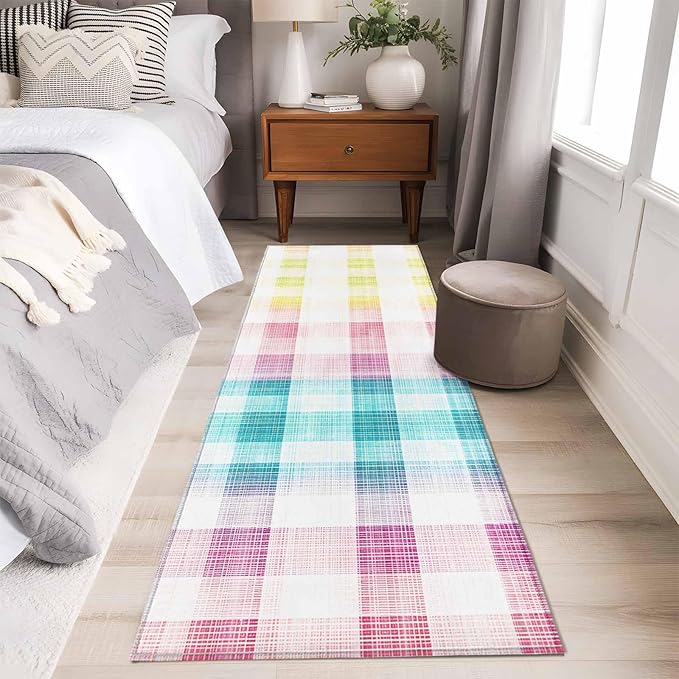 Runner Rug for Bedroom Hallway, Easter Red Yellow Blue Stripes Kitchen Runner Rugs Area Rug 2x6ft, Abstract Buffalo Plaid Washable Soft Floor Carpet for Entryway Stair