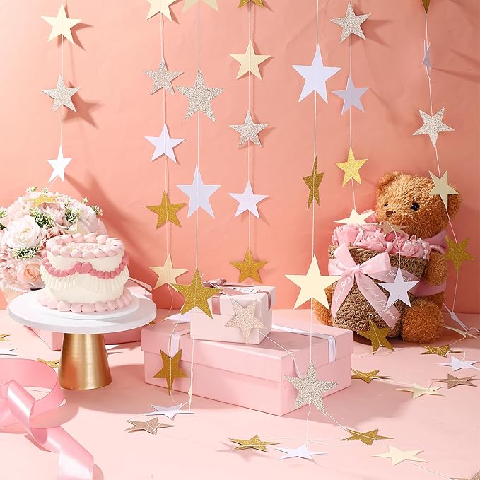 Patelai 130 Feet Glitter Star Garland Banner 2026 Party Decoration Double Side Star Hanging String Streamer Paper Twinkle for Graduation Wedding Birthday (Glitter Gold and Champagne Gold,White)