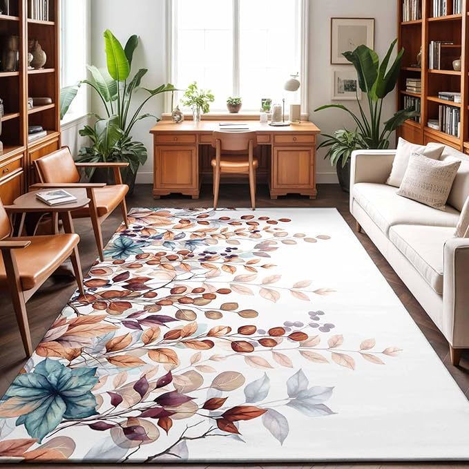 Area Rug 8x10ft, Fall Orange Watercolor Eucalyptus Leaves Washable Rugs for Living Room Bedroom, Fallen Leaf on White Soft Non-Slip Area Rugs Rectangle Floor Carpet for Dining Room