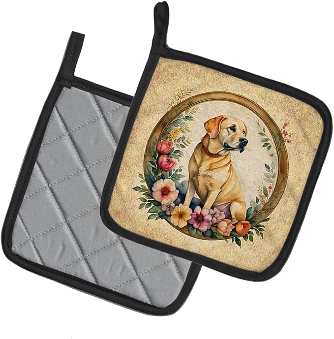 Caroline's Treasures Yellow Labrador Retriever and Flowers Pair of Pot Holders Kitchen Heat Resistant Pot Holders Sets Oven Hot Pads for Cooking Baking BBQ, 7 1/2 x 7 1/2