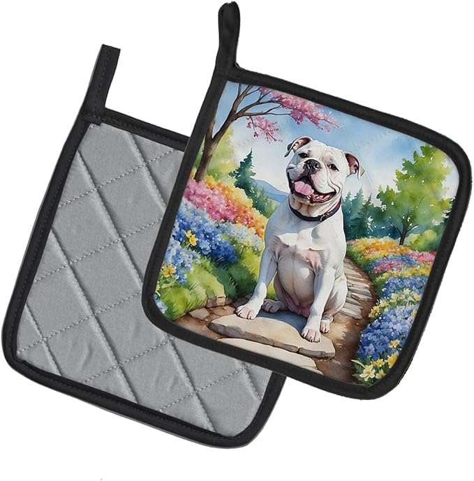 Caroline's Treasures American Bulldog Spring Garden Pair of Pot Holders Kitchen Heat Resistant Pot Holders Sets Oven Hot Pads for Cooking Baking BBQ, 7 1/2 x 7 1/2