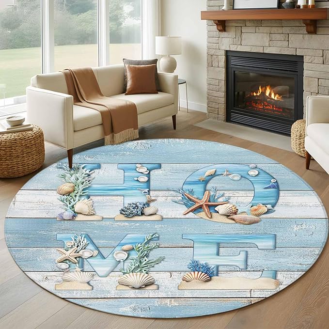 Washable Round Area Rug Summer Ocean Beach Shell Home Quote Circle Rugs Floor Carpet for Living Room Bedroom, Farm Blue Wood Board Soft Non Slip Round Rug 5ft