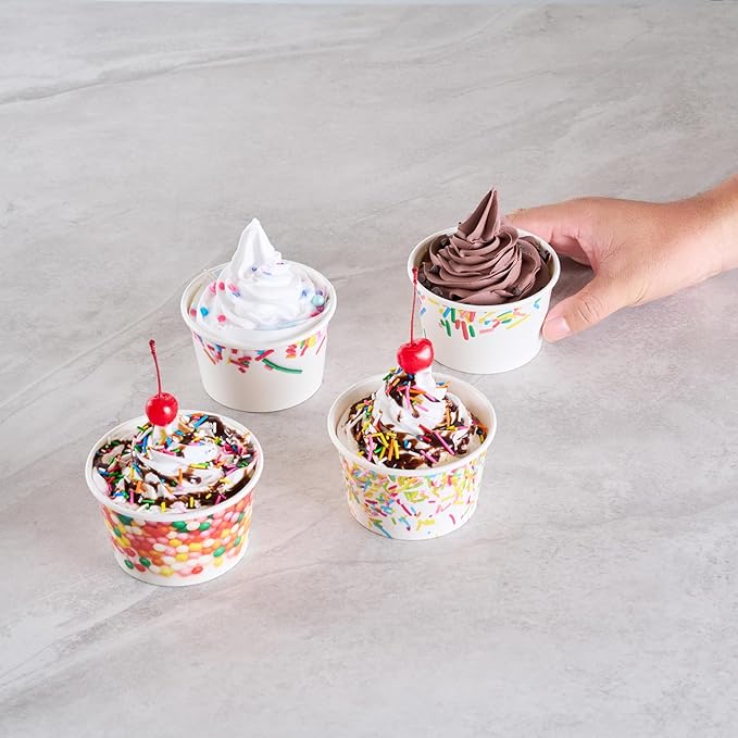 Restaurantware Paper Cups 200 Count 8 Ounce Square Disposable Ice Cream Containers, Leak-Resistant Paper Dessert To Go Cups, Hot And Cold Food, Durable Assorted Sprinkle Design