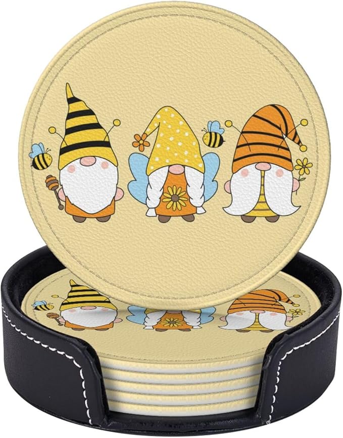 Famame 6 Pcs Happy Bee Gnome Sunflower Leather Coasters for Drinks with Holder Coaster Sets Drink Table Cup Coasters for Living Room Kitchen Coffee Decor