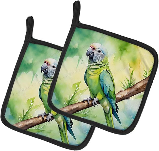 Caroline's Treasures Monk Parakeet Pair of Pot Holders Kitchen Heat Resistant Pot Holders Sets Oven Hot Pads for Cooking Baking BBQ, 7 1/2 x 7 1/2
