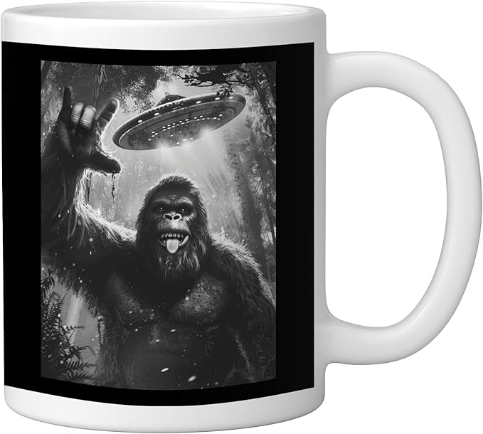 Funny Sasquatch Bigfoot Rock On Selfie with UFO Alien Saucer Ceramic Mug, White