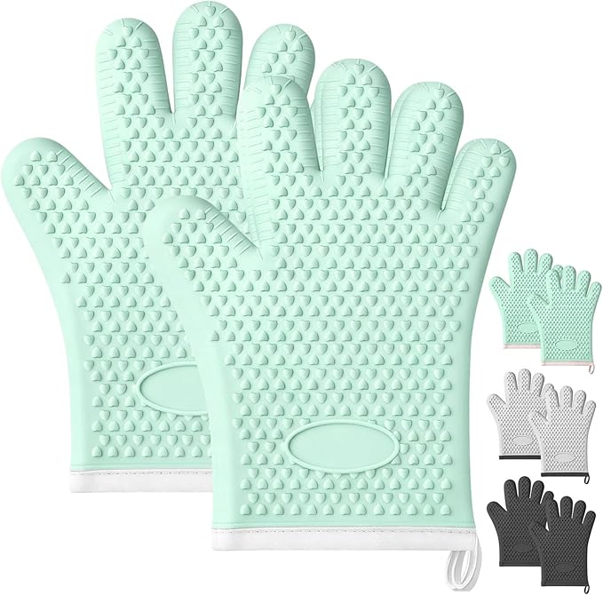 Silicone Oven Mitts Heat Resistant,Waterproof & Non-Slip Oven Gloves with Fingers,Cotton Lined Silicone Oven Gloves Kitchen Mitts for Cooking Baking Grilling and BBQ(Green)