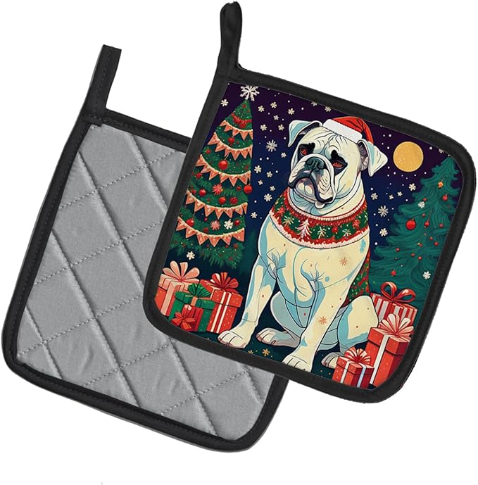 Caroline's Treasures White Boxer Christmas Pair of Pot Holders Kitchen Heat Resistant Pot Holders Sets Oven Hot Pads for Cooking Baking BBQ, 7 1/2 x 7 1/2