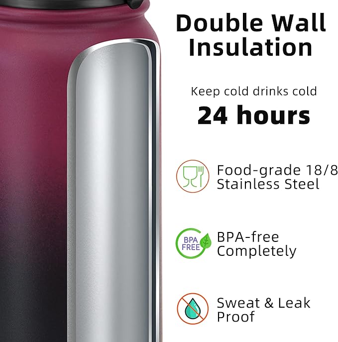 Fanhaw 32 oz Insulated Stainless Steel Water Bottle with Straw Lid, Leakproof Sports Bottle for Men, Women & Teens (Red Black)