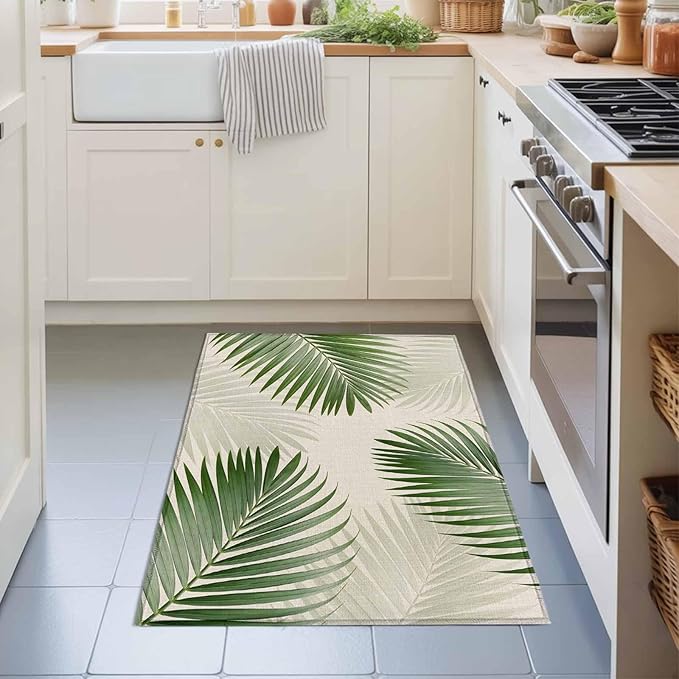 Area Rug 2x3ft, Rustic Sage Green Palm Leaves on Linen Washable Rugs for Living Room Bedroom, Summer Plants Soft Non-Slip Area Rugs Rectangle Floor Carpet for Dining Room