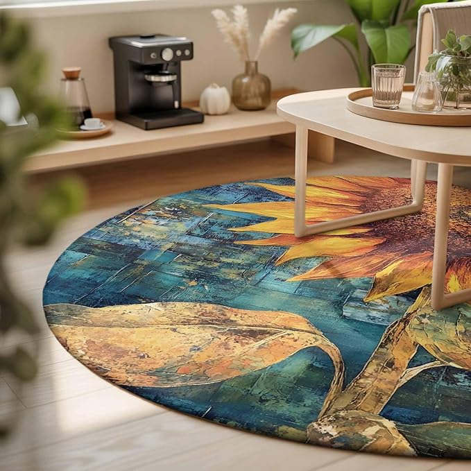 Washable Round Area Rug Rustic Golden Sunflower on Teal Blue Circle Rugs Floor Carpet for Living Room Bedroom, Abstract Floral Soft Non Slip Round Rug 3ft