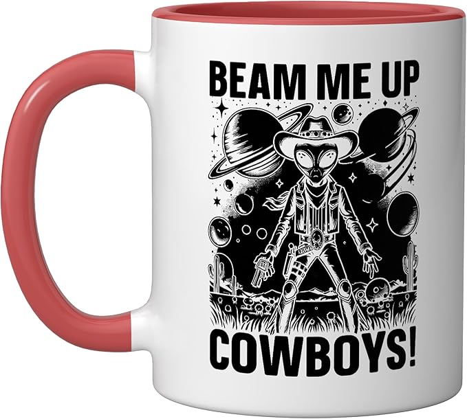 Alien Lover Flying Saucer UFO Extraterrestrial Cowboy Ceramic Mug, Red/White